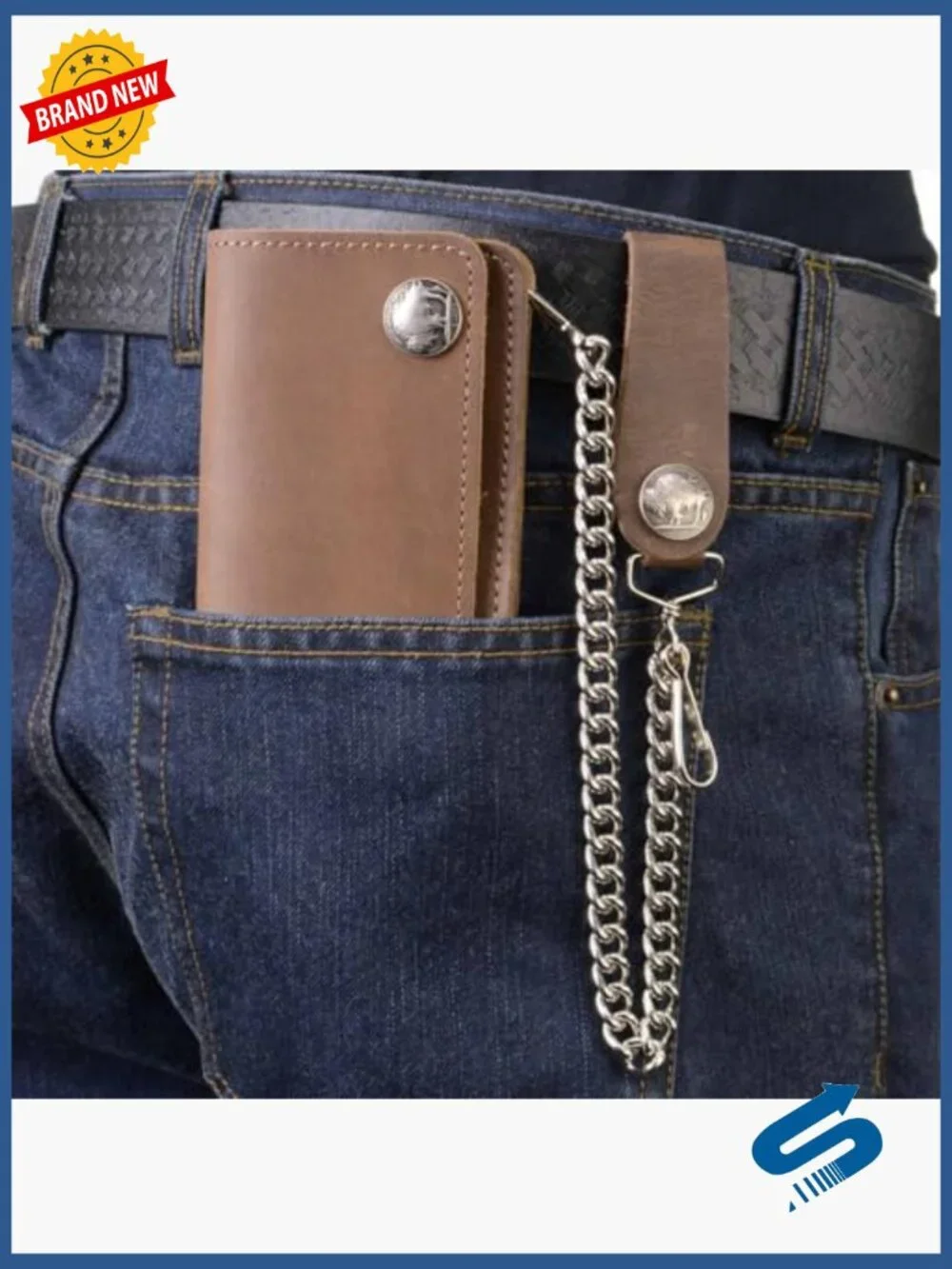 Men's Bi-Fold Leather Biker Wallet with Removable Chain